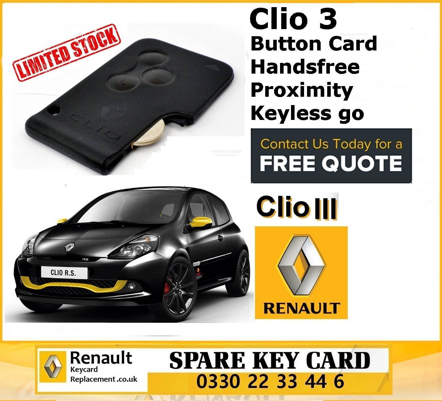 Key Card + Electronic Programmable Blank Blade Renault Mégane 2 Scénic II 3 Button 