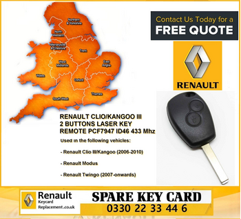 SPARE AND LOST KEY  RENAULT CLIO/KANGOO III 2 BUTTONS LASER KEY REMOTE PCF7947 ID46 433 Mhz ASK, image 